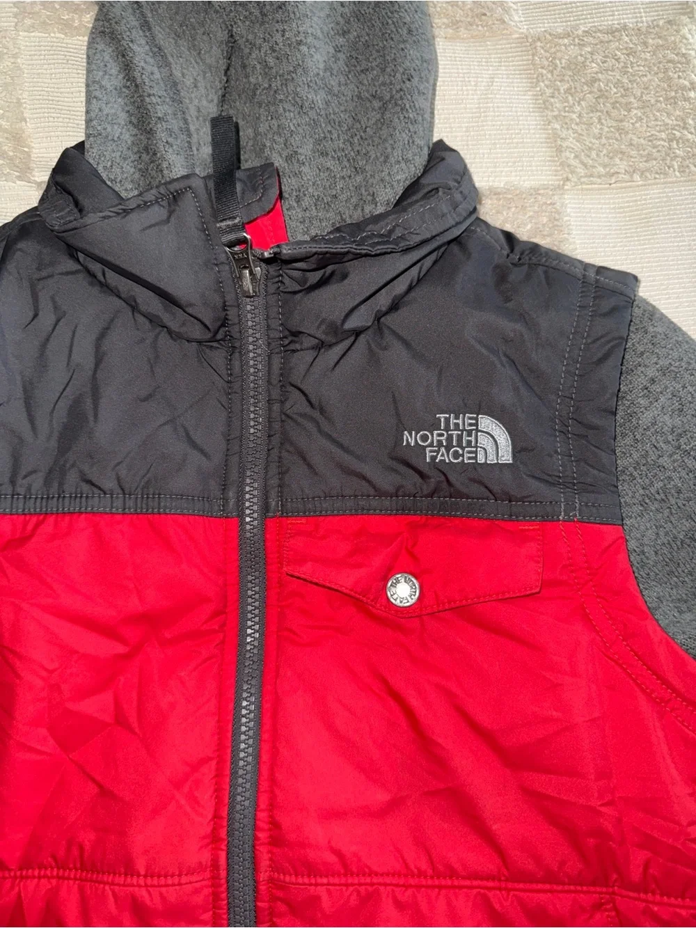 The North‎ Face Red and Gray Hooded Hybrid Jacket M (10-12)